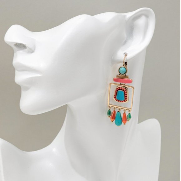 Coral & Turquoise Boho Dangle Earrings NWOT - Picture 4 of 4